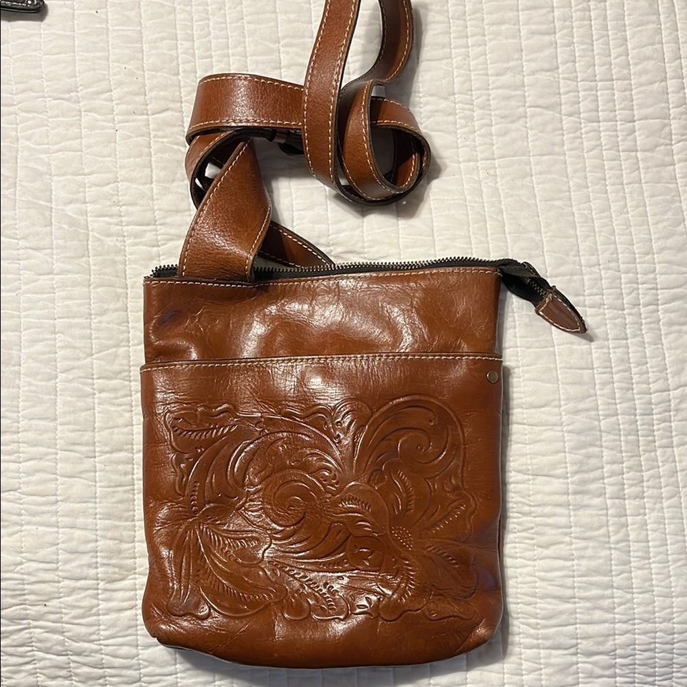 Patricia Nash Brown Leather Crossbody with Floral Embossing